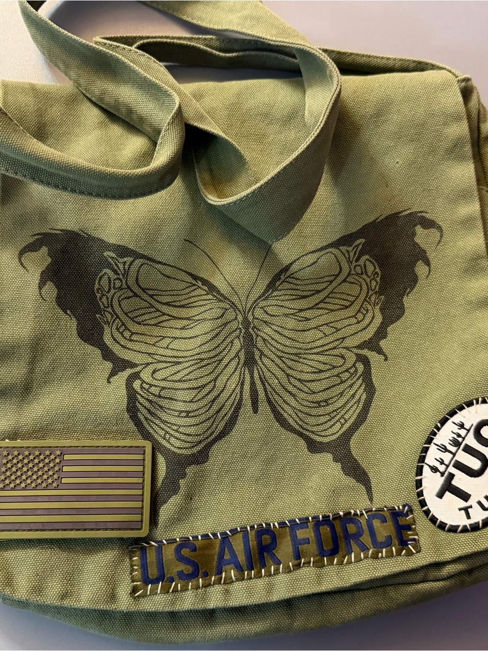 Olive Canvas Butterfly Tote Bag with U.S. Air Force Patch